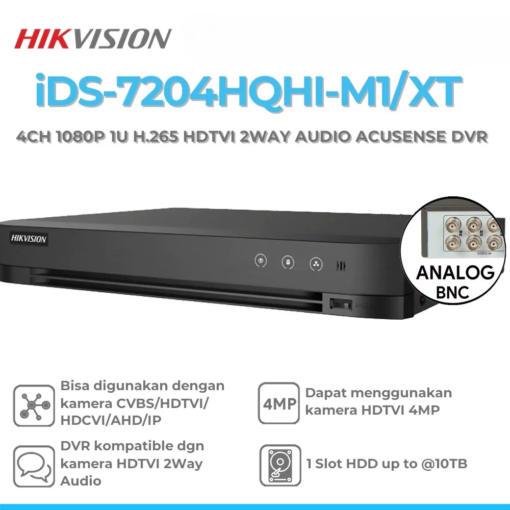 Hikvision iDS-7204HQHI-M1/XT 4Ch 1080P 1U 3K / 5MP HDTVI 2Way Audio AcuSense DVR