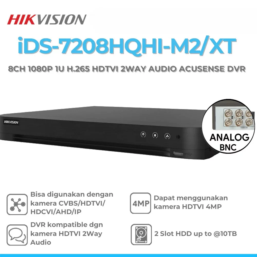 Hikvision iDS-7208HQHI-M2/XT 8Ch 1080P 1U 3K / 5MP HDTVI 2way Audio AcuSense DVR