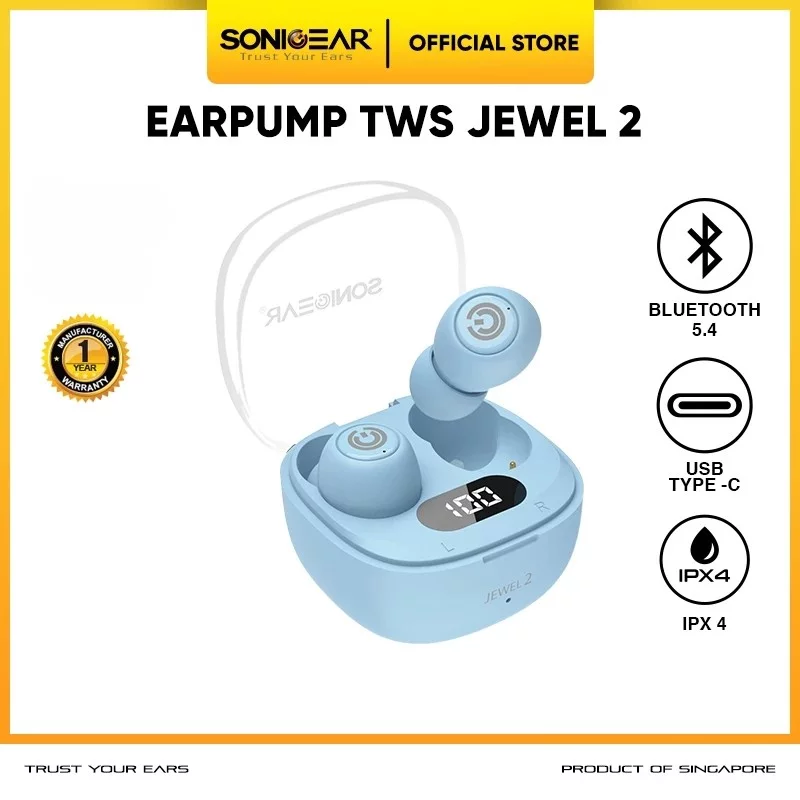 SonicGear Earphone EarPump TWS Jewel 2 ENC Bluetooth 5.4 Light Blue
