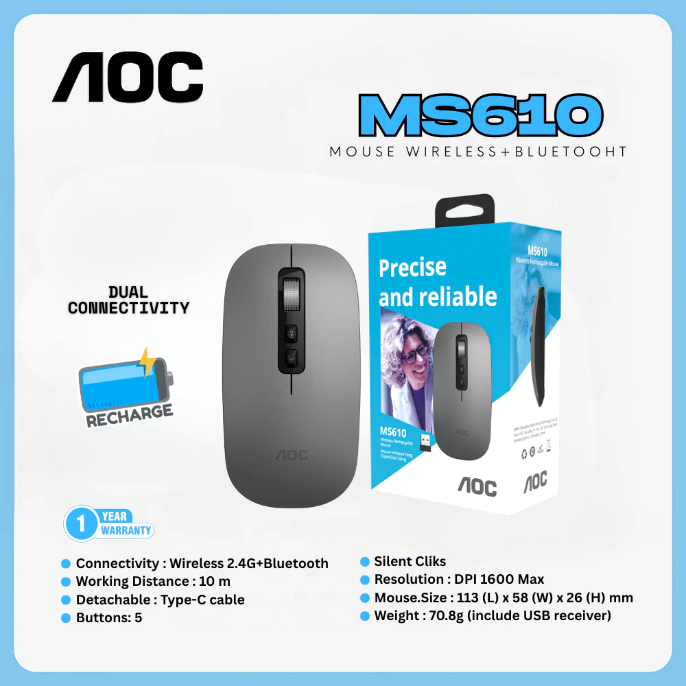 AOC MS610 Silent Dual Mode (Wireless & Bluetooth) Rechargeable Mouse (Grey) image 2