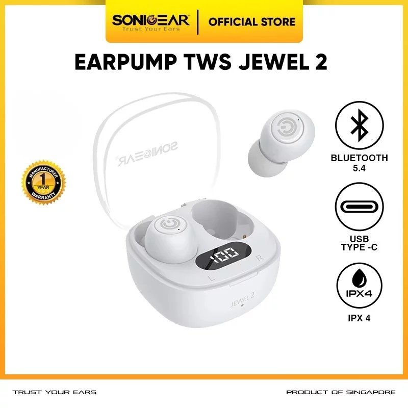 SonicGear Earphone EarPump TWS Jewel 2 ENC Bluetooth 5.4 White