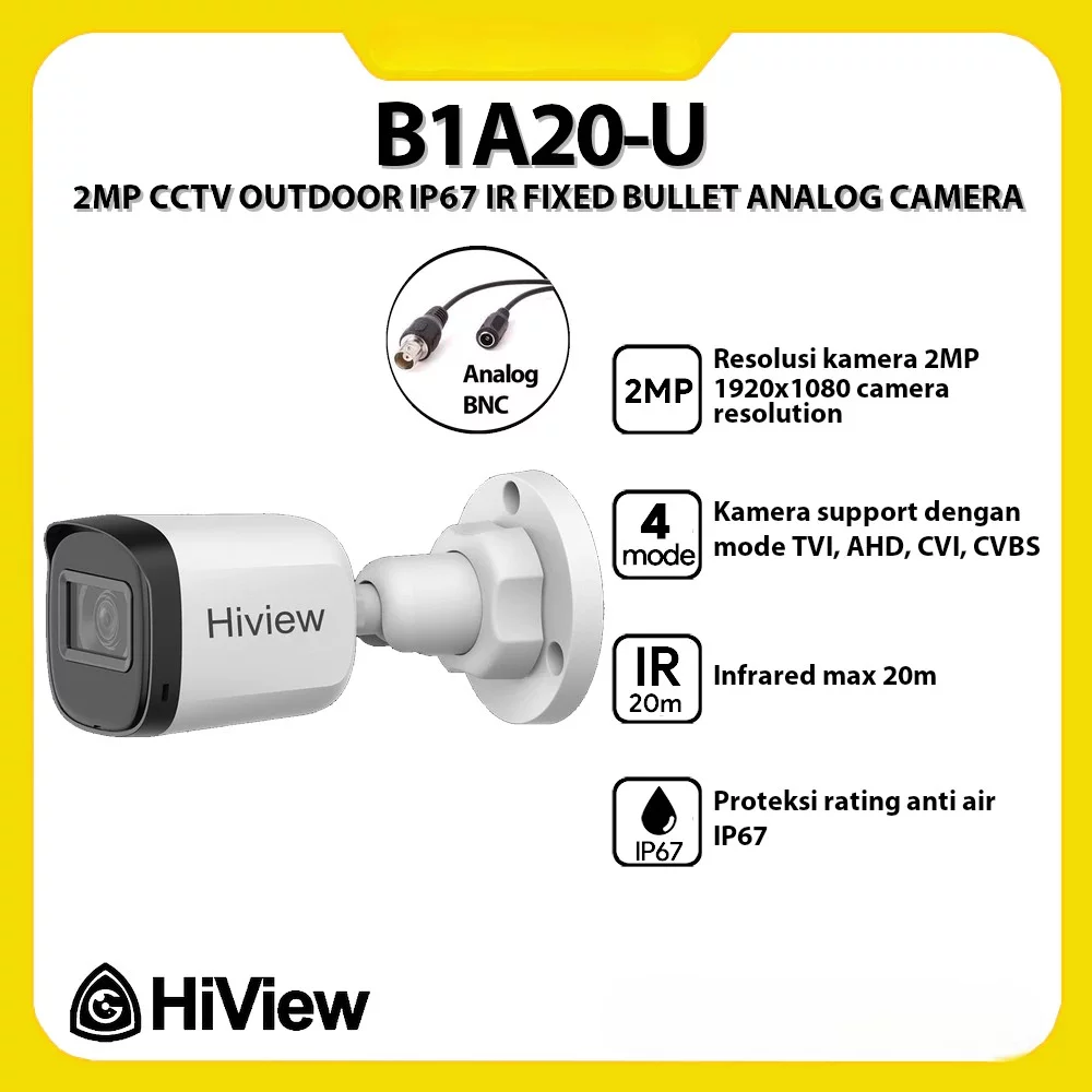 Hiview D-B1A20-U 2MP Cctv Outdoor IP67 IR Fixed Bullet Analog Camera
