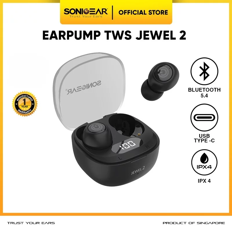 SonicGear Earphone EarPump TWS Jewel 2 ENC Bluetooth 5.4 Black