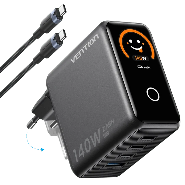 Vention TZ-FCO | DASH PRO 140W 4-Port GaN 5.0 Charger with Smart Display (Black)