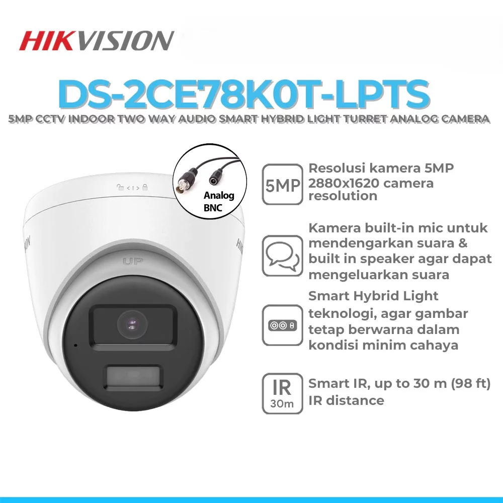 Hikvision DS-2CE78K0T-LPTS 5MP Cctv Indoor Two Way Audio Smart Hybrid Light Turret Analog Camera