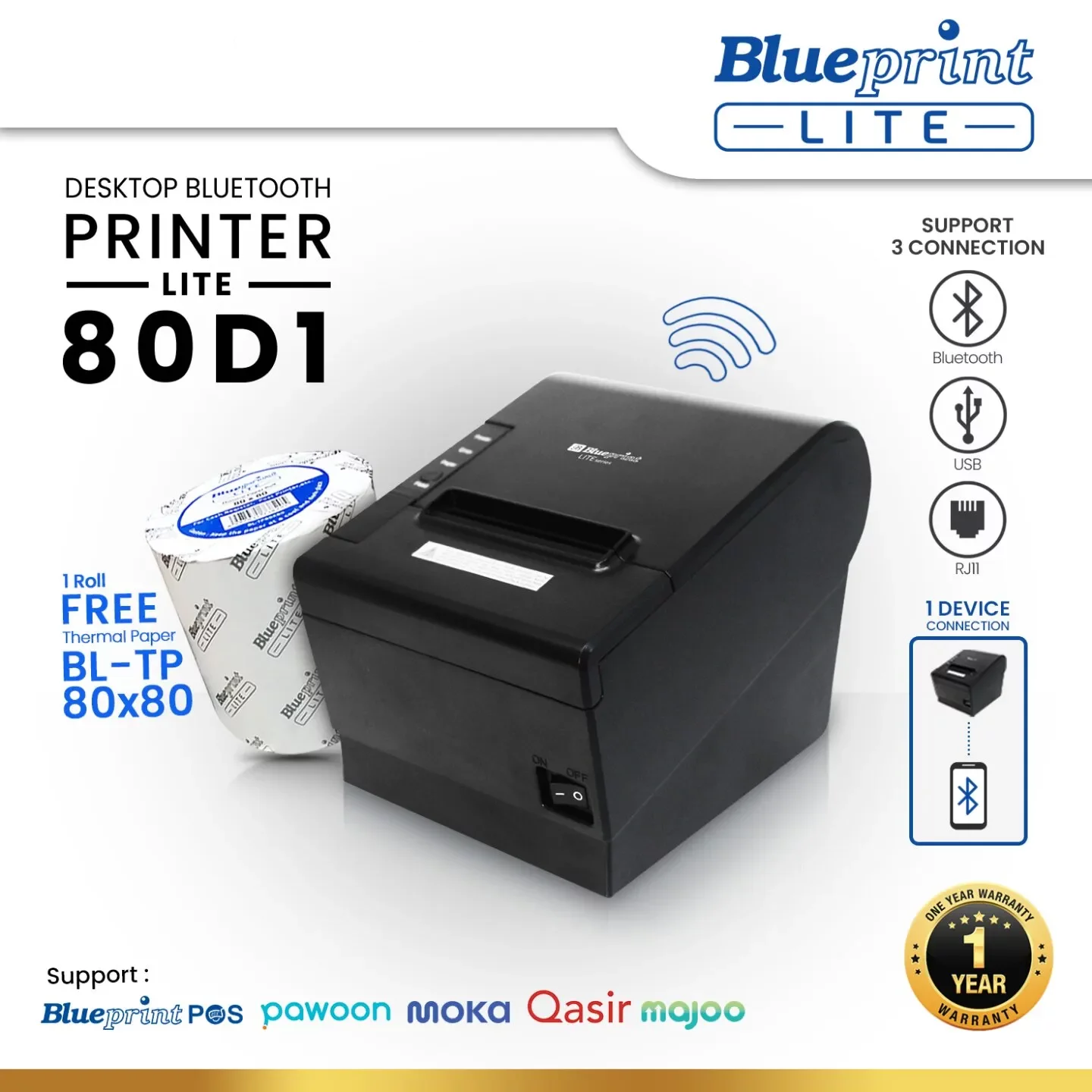 BLUEPRINT Lite80D1 USB + Bluetooth + RJ11 Thermal Receipt Printer