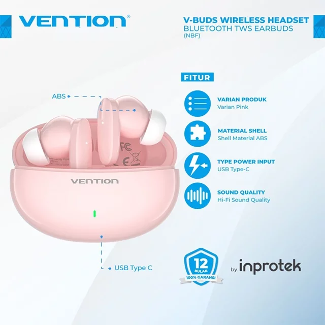 Vention Wireless Bluetooth Earphone TWS HiFun NBFP0 E01 Pink
