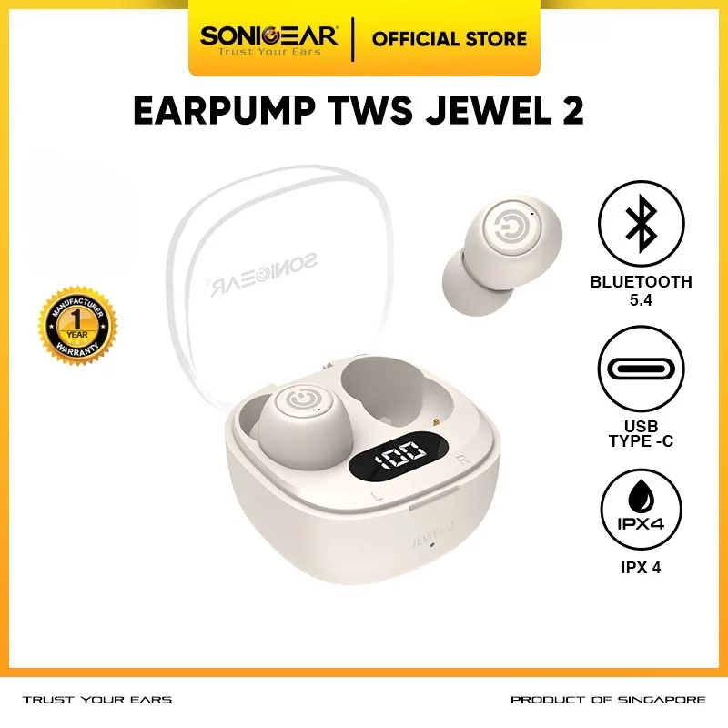 SonicGear Earphone EarPump TWS Jewel 2 ENC Bluetooth 5.4 Beige