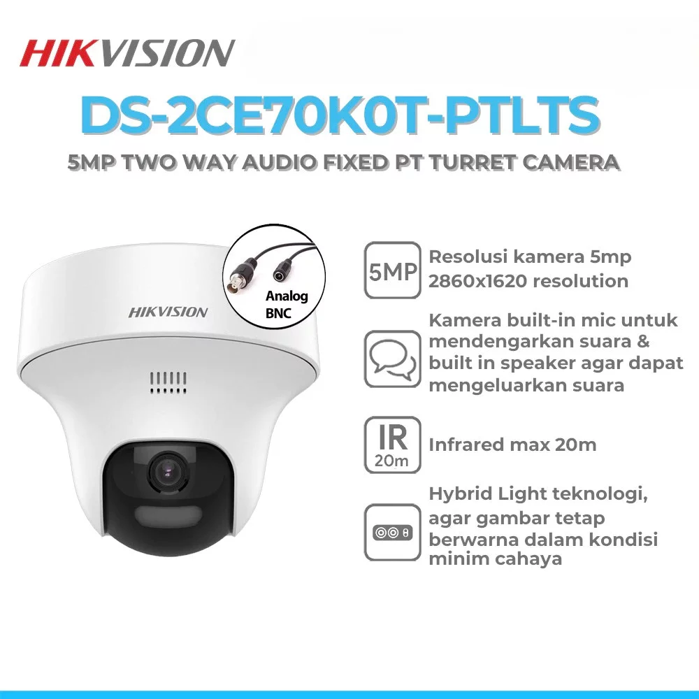 Hikvision DS-2CE70K0T-PTLTS 5MP Two Way Audio Fixed PT Turret Camera (2.8mm)